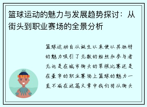 篮球运动的魅力与发展趋势探讨：从街头到职业赛场的全景分析