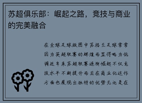 苏超俱乐部：崛起之路，竞技与商业的完美融合