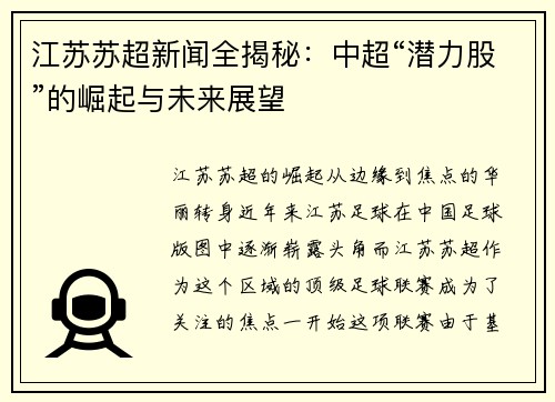 江苏苏超新闻全揭秘：中超“潜力股”的崛起与未来展望