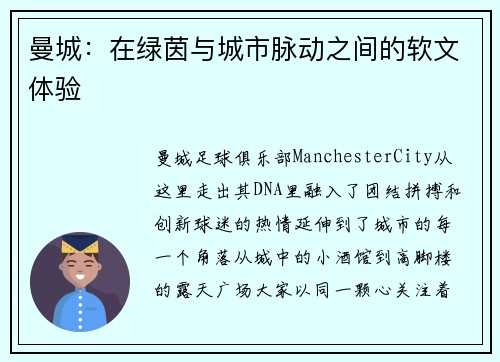 曼城：在绿茵与城市脉动之间的软文体验