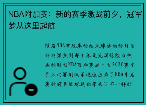 NBA附加赛：新的赛季激战前夕，冠军梦从这里起航
